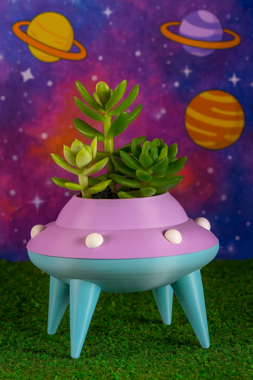 UFO-shaped plant pot with plants against a space-themed background