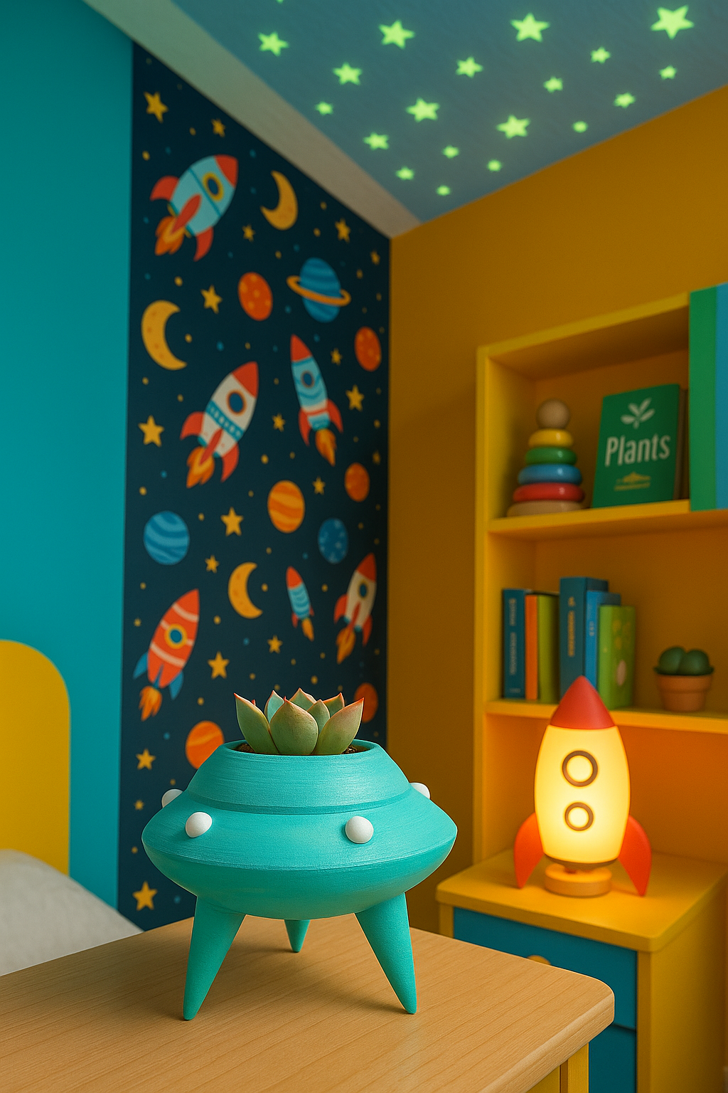 Children's room with space-themed decor, glow in the dark ufo.