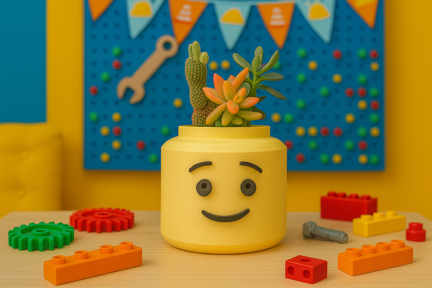 Smiley Lego-Inspired Planter – 3D Printed Pot with Optional Succulent | Fun Decor for Plant Lovers & Kids