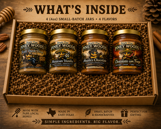 Box of Piney Woods honey jars with labels on a wooden background