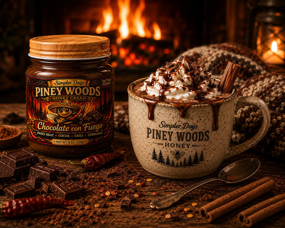 Homemade Chocolate con Fuego hot cocoa topped with whipped cream and a drizzle of Piney Woods Chocolate con Fuego Honey Cream beside a rustic mug in a cozy farmhouse kitchen.