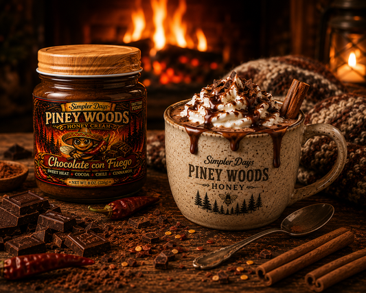 Homemade Chocolate con Fuego hot cocoa topped with whipped cream and a drizzle of Piney Woods Chocolate con Fuego Honey Cream beside a rustic mug in a cozy farmhouse kitchen.