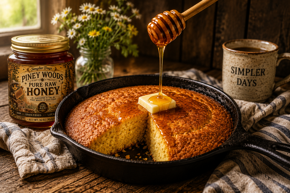 Honey Butter Skillet Cornbread baked in a cast iron skillet with melting butter and a drizzle of Piney Woods Pure Raw Honey in a rustic East Texas farmhouse kitchen.