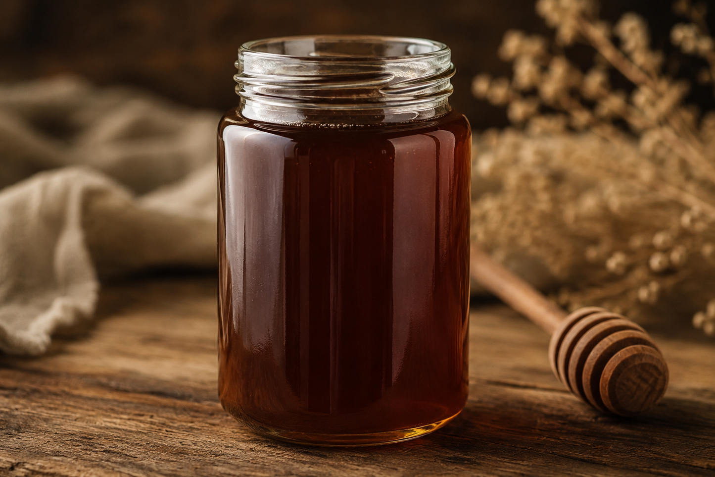 Jar of honey on a wooden surface with a honey dipper and cloth in the background