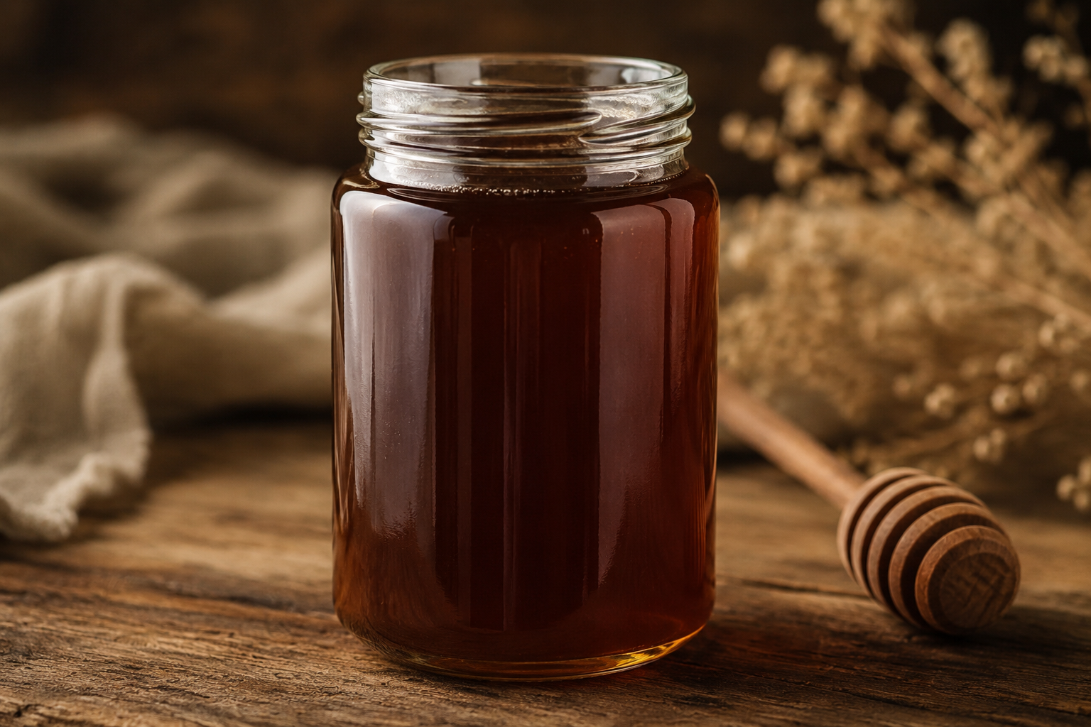 Jar of honey on a wooden surface with a honey dipper and cloth in the background