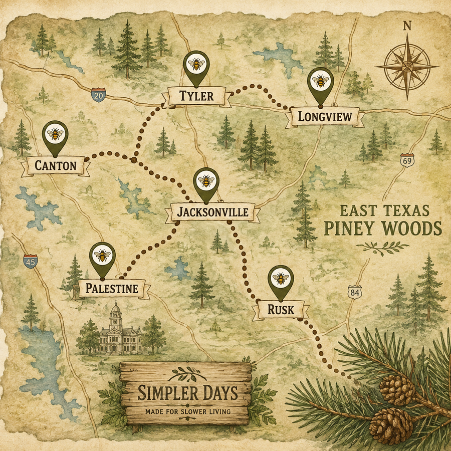 Vintage-style map poster titled 'The Simpler Days Trail' showing a illustrated route through East Texas towns and Piney Woods locations, with trees, roads, icons, and decorative pine branches on a parchment background.