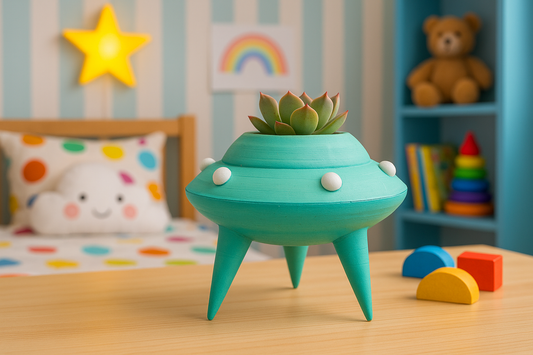 Glow in the dark UFO-shaped planter with a succulent on a wooden table in a child's room.