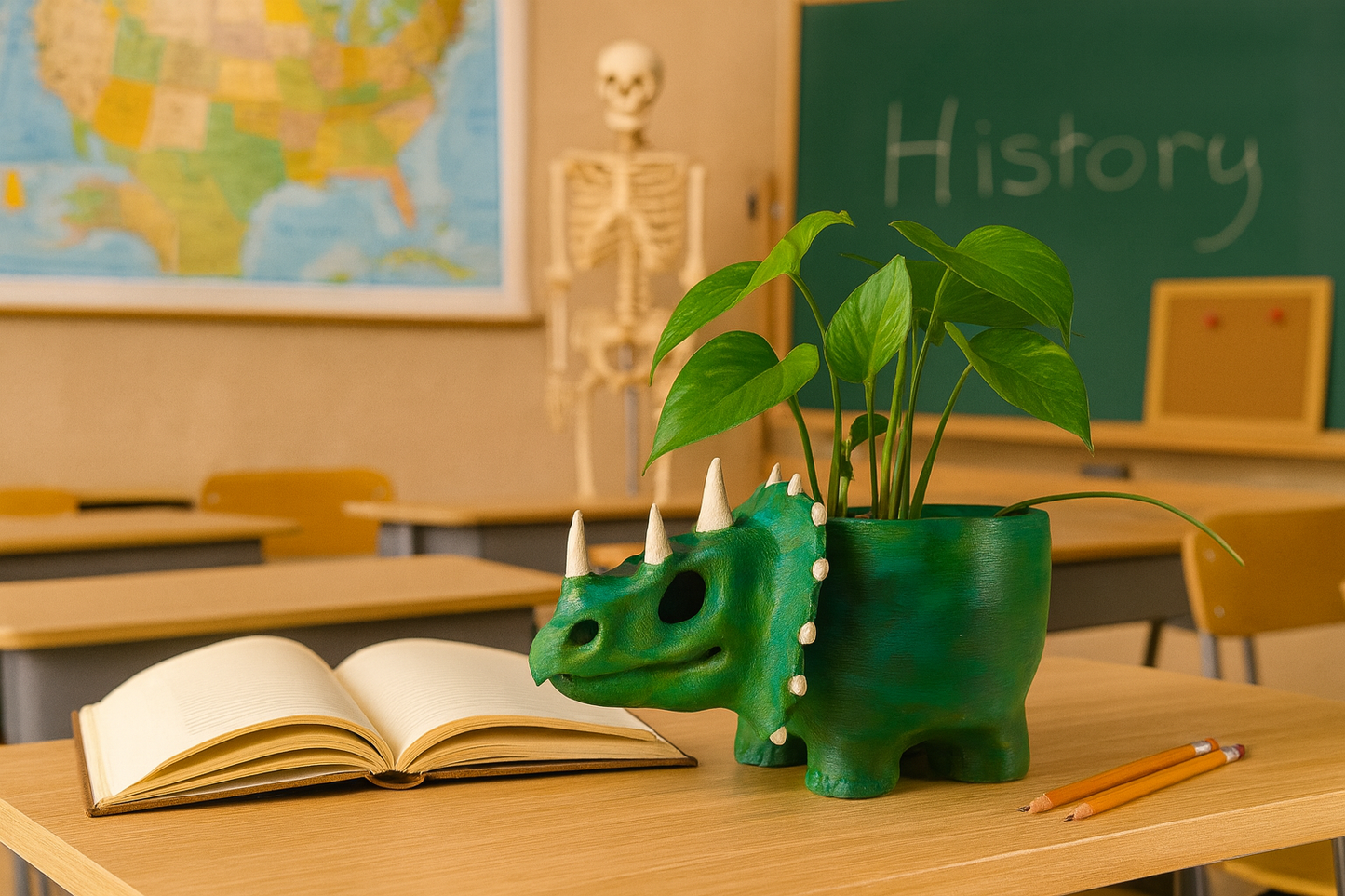 Dinosaur Classroom Planter – Triceratops-Inspired Desk Plant Pot