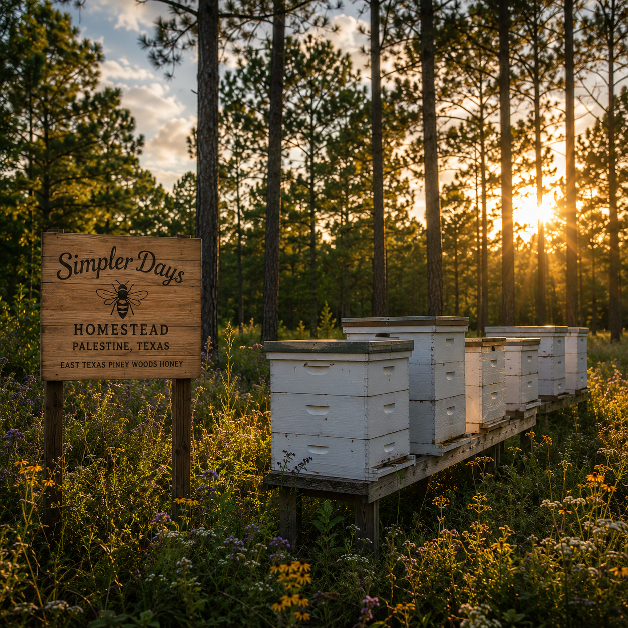 Beehives on a wooden platform with a 'Simpler Days' sign in a forest setting during sunset.