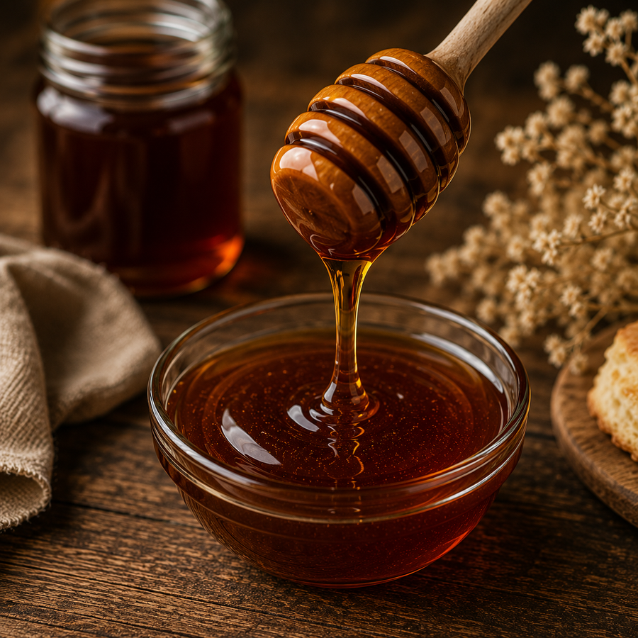 Honey being dripped from a wooden dipper into a glass bowl on a wooden surface.