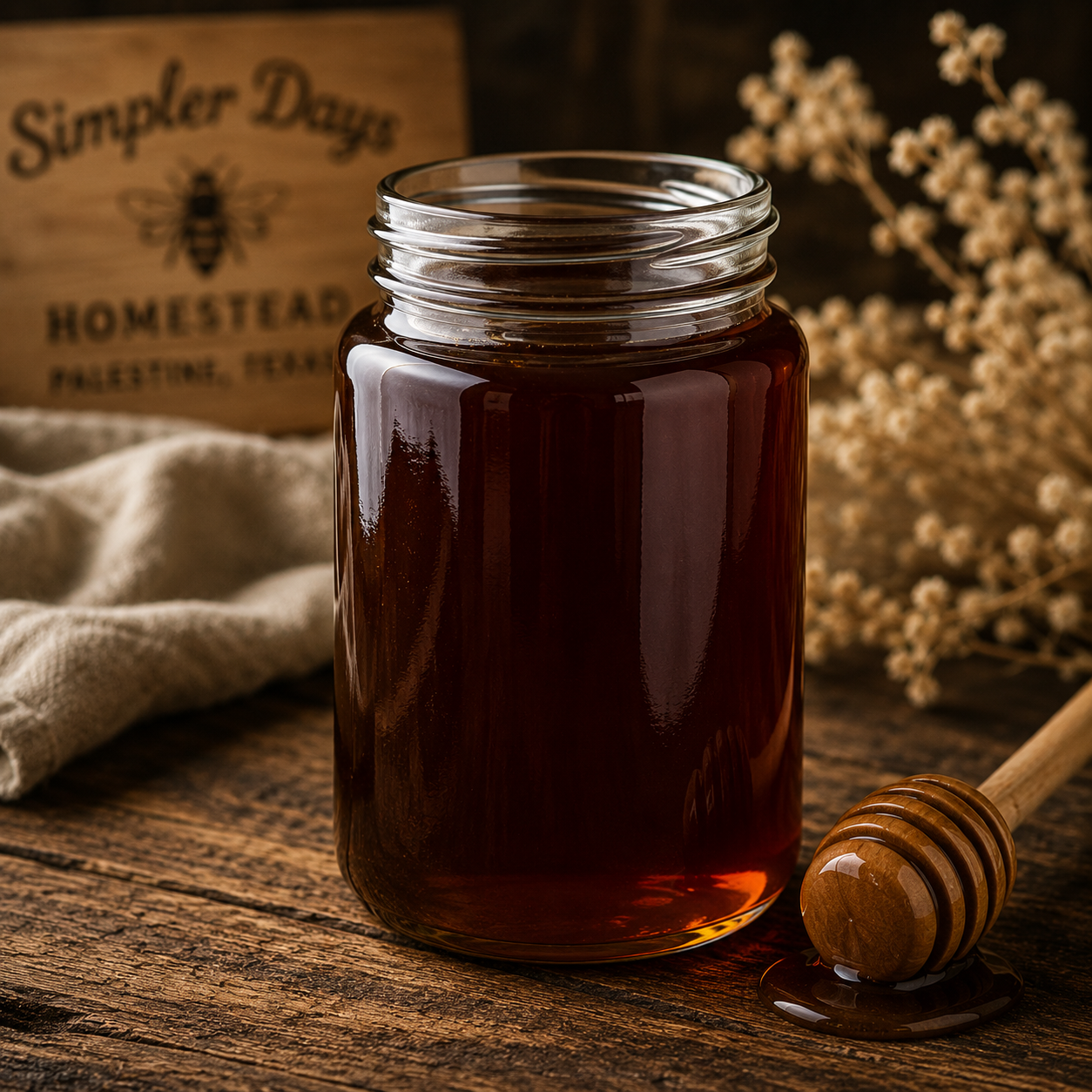 Jar of honey with a honey dipper on a wooden surface, featuring 'Simpler Days Homestead' branding.
