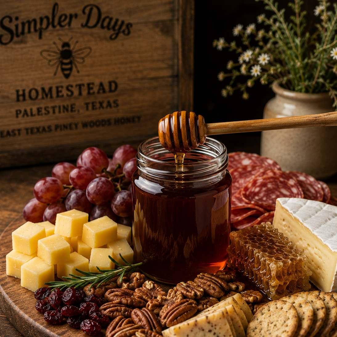 Wooden board with honey, cheese, nuts, and dried fruits, featuring a 'Simpler Days Homestead' sign in the background.