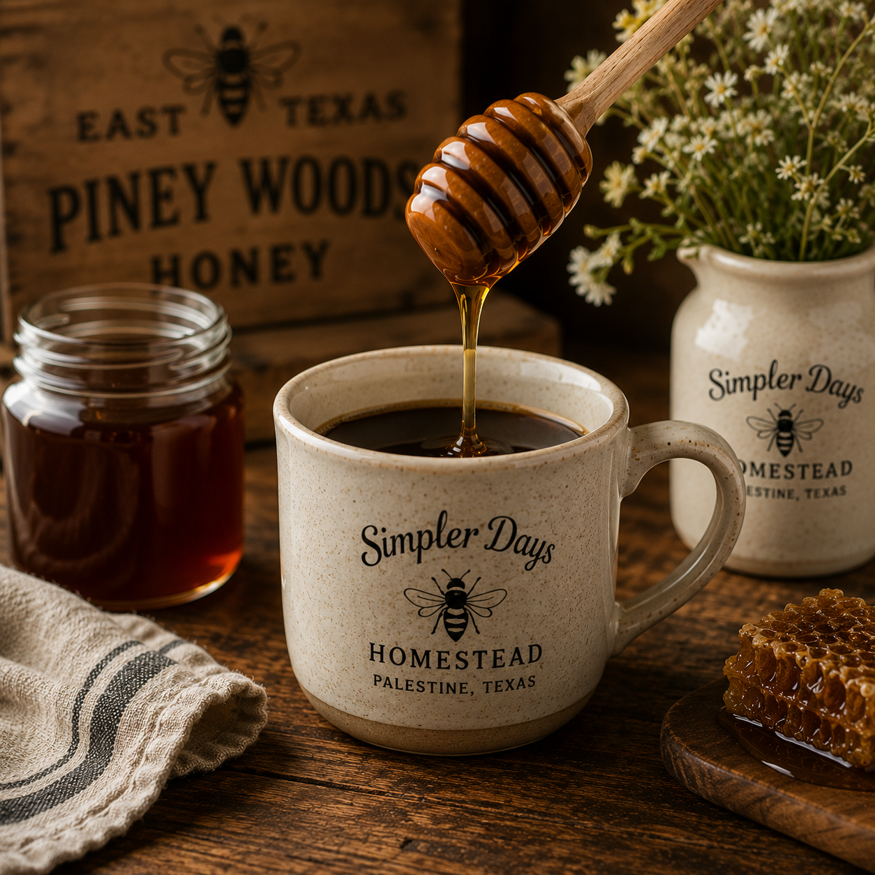 Honey being drizzled into a mug labeled 'Simpler Days Homestead' with a honeycomb and jar in the background.