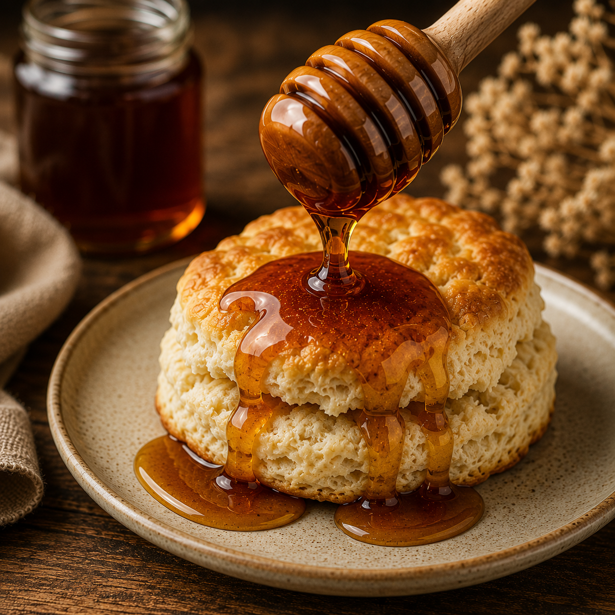 Honey being drizzled onto a biscuit on a plate with a jar of honey in the background.