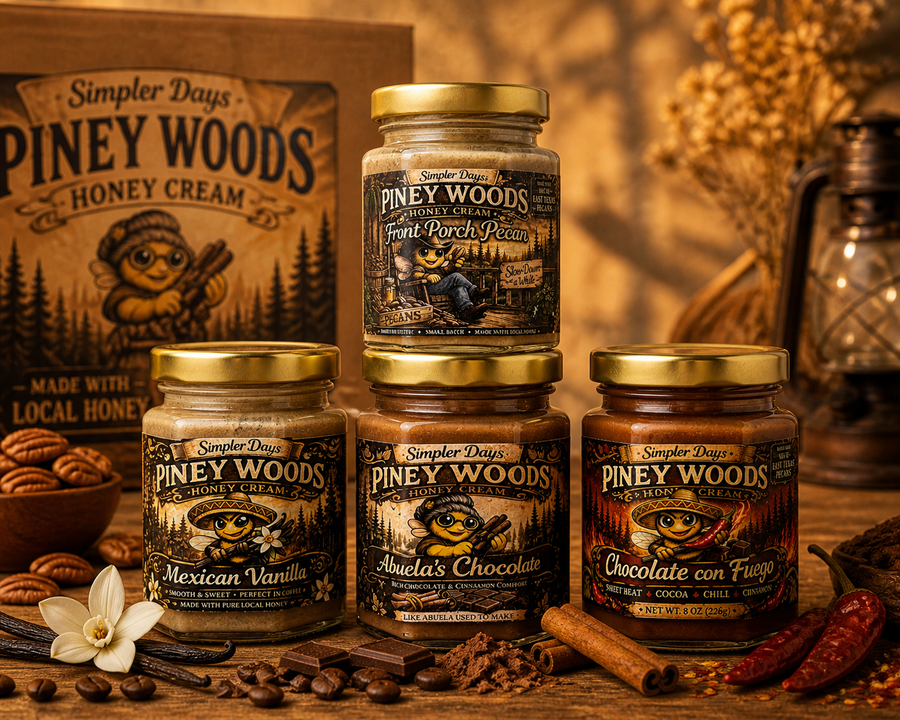 Creamed honey sampler set with four flavors including pecan, vanilla, chocolate, and chili honey from East Texas