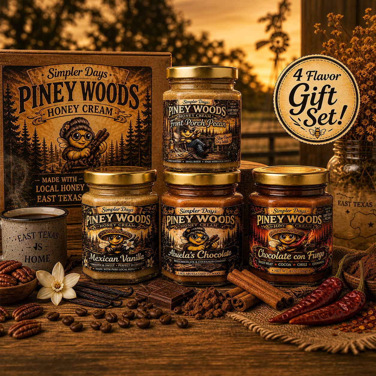 4 flavor creamed honey sampler gift set with pecan, vanilla, chocolate, and chili honey from East Texas