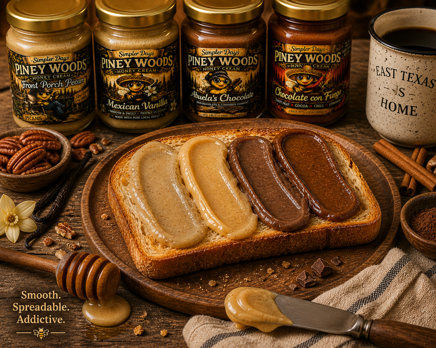 Creamed honey sampler spread on toast showing smooth texture of multiple flavors including vanilla, pecan, and chocolate