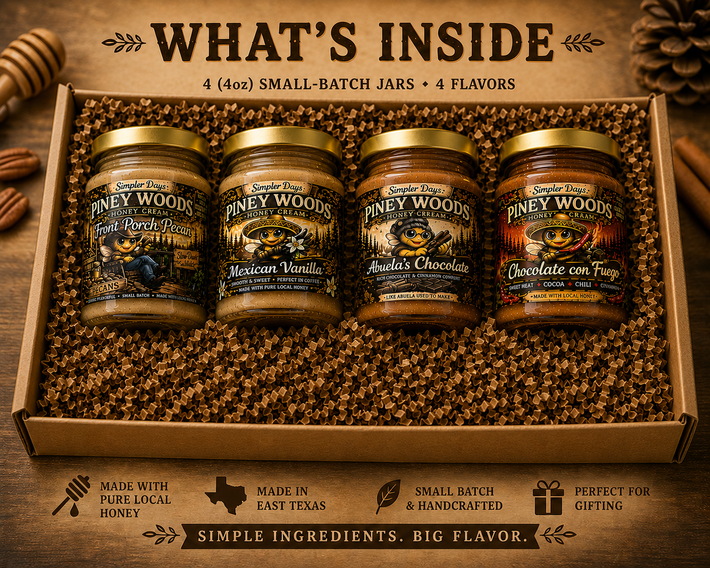 Box of Piney Woods honey jars with labels on a wooden background
