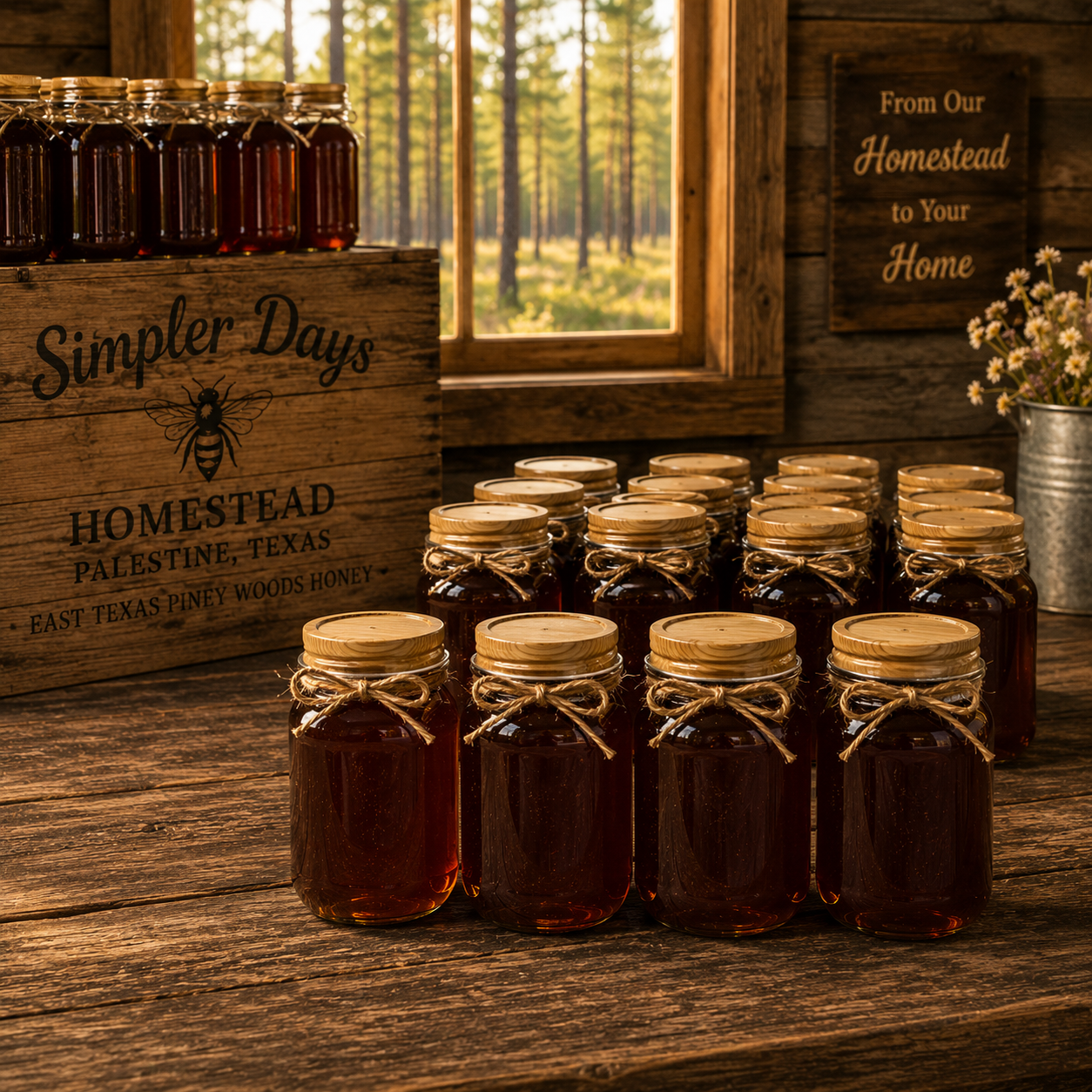 Jars of honey on a wooden table with a 'Simpler Days Homestead' crate and sign in the background.